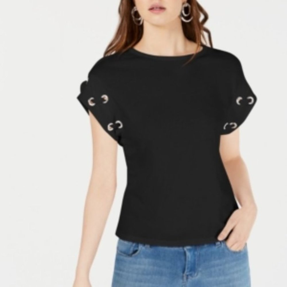 Bar III Lace-Up Grommet-Cuff T-Shirt